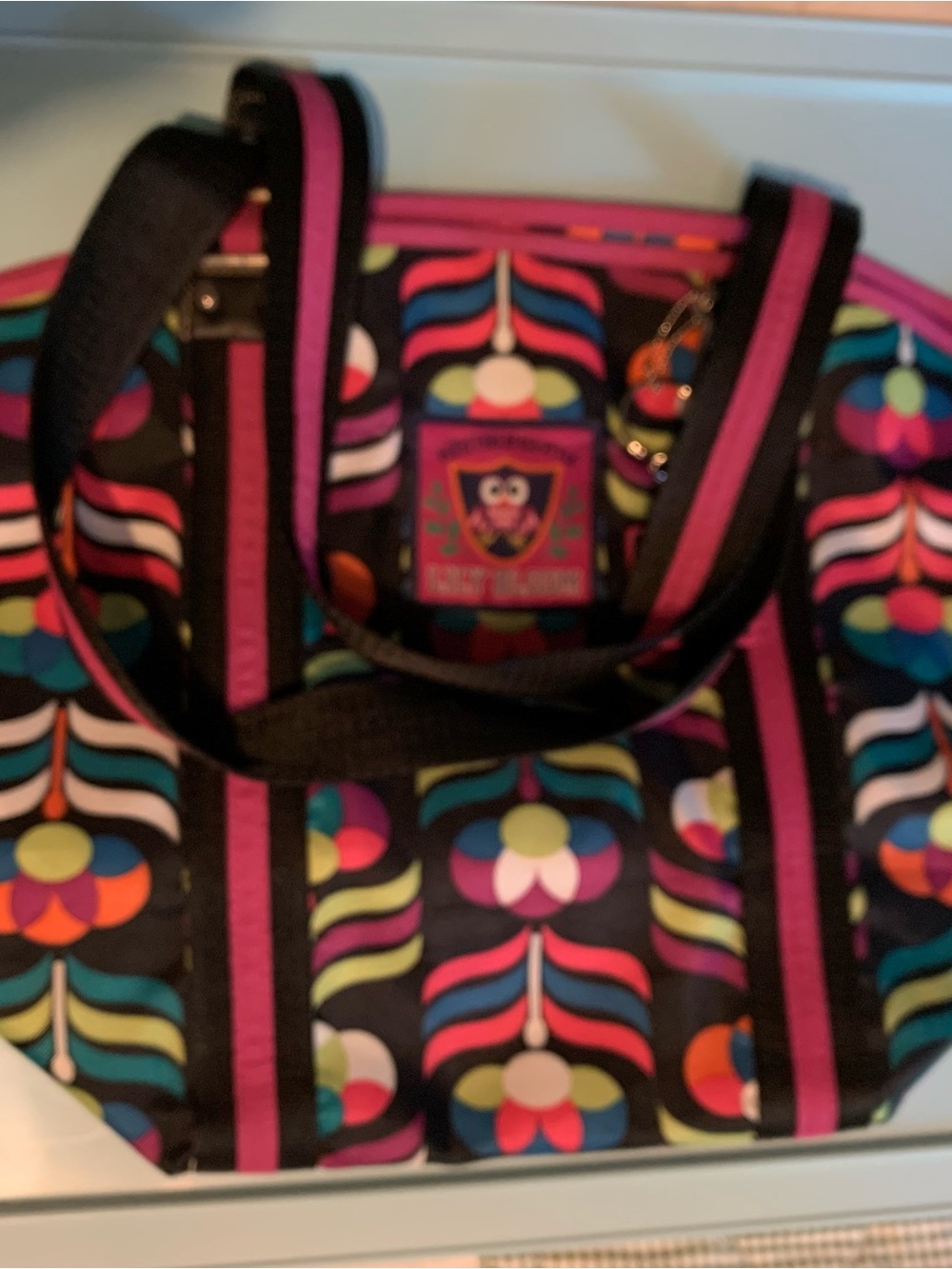 Lily Bloom Black Tote with Bright Pink & Multicolor Floral Pattern
